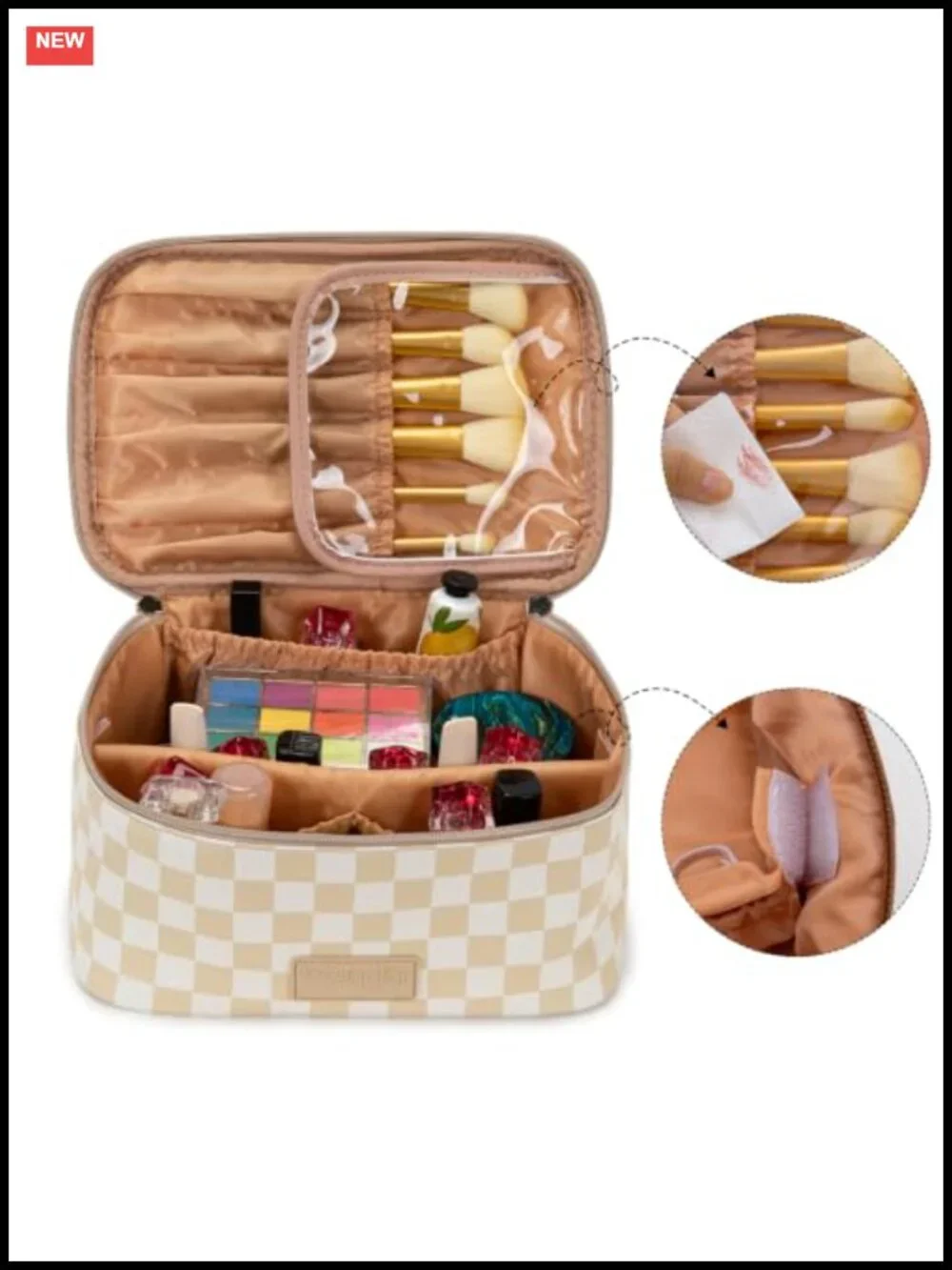 Faux Leather Travel Makeup Bag Set with Brush Holder, Large Toiletry Organizer,